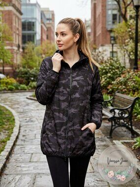 Calvin Klein Performance Camo-Print Packable Hooded Jacket, Small Black Combo